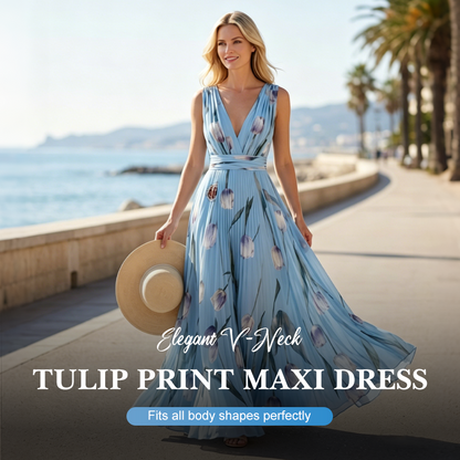 Elegancka sukienka maxi z dekoltem w serek i nadrukiem tulipanów