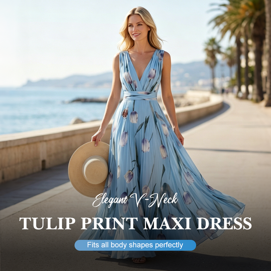 Elegancka sukienka maxi z dekoltem w serek i nadrukiem tulipanów