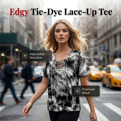 Tricou pentru femei, cu imprimeu tie-dye, șiret și decolteu în V