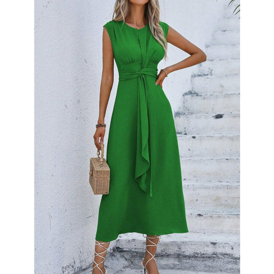 Elegancka sukienka damska w jednolitym kolorze z okrągłym dekoltem