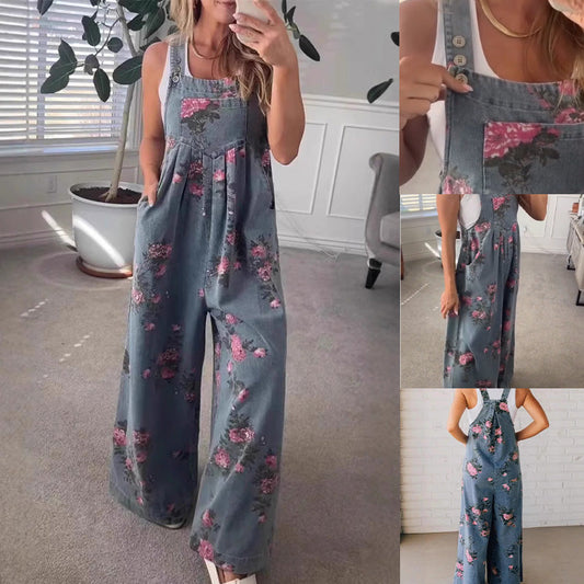 Damski Luźny Jumpsuit Dżinsowy z Nadrukiem