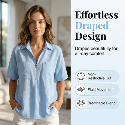 Women's Casual V-neck Zipper Short-Sleeved Top