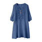 Women's Embroidered V-Neck Linen Dress