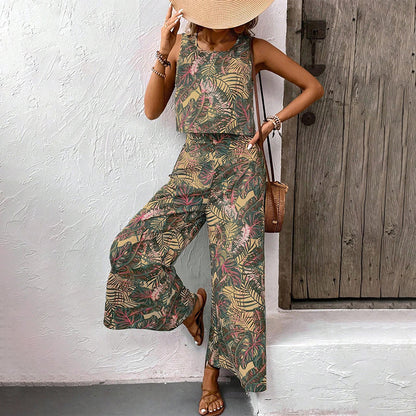 Women's Printed Sleeveless Top & Wide-Leg Pants Set