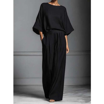 Women's Two-Piece Loose Fit Top and Wide-Leg Pants Set
