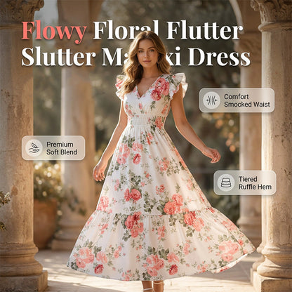 Women's Floral V-Neck Flutter Sleeve Maxi Dress