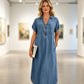 Women's V-Neck Zip-Up Denim Maxi Dress