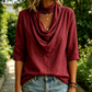 Women's Draped Neck 3/4 Sleeve Pleated Shirt