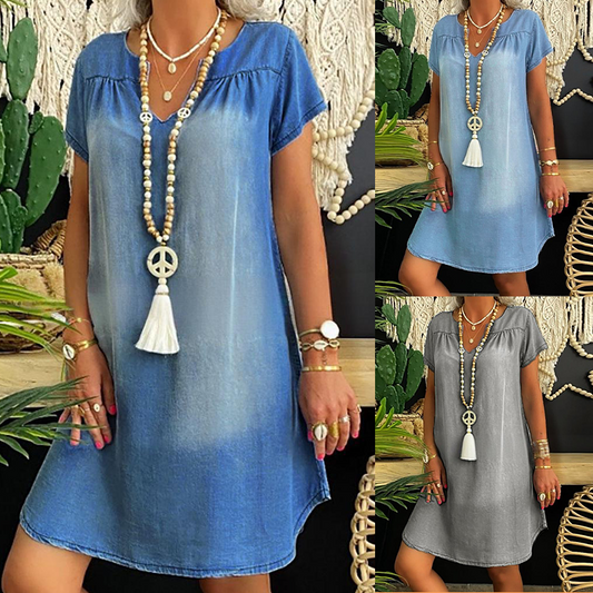 Women's Denim V-Neck Short Sleeve Dress