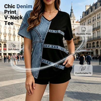 Women‘s Chic Denim Print V-Neck Tee