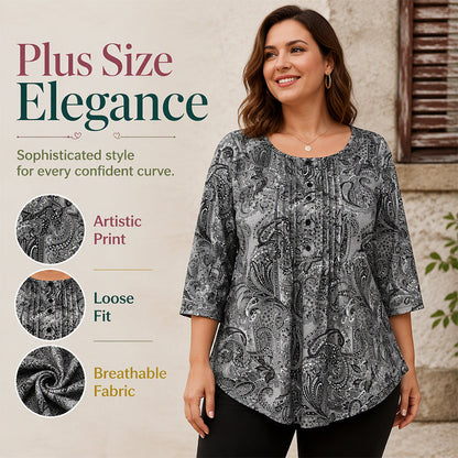 Plus-Size Paisley Blouse – Loose Fit & Curved Hem Design