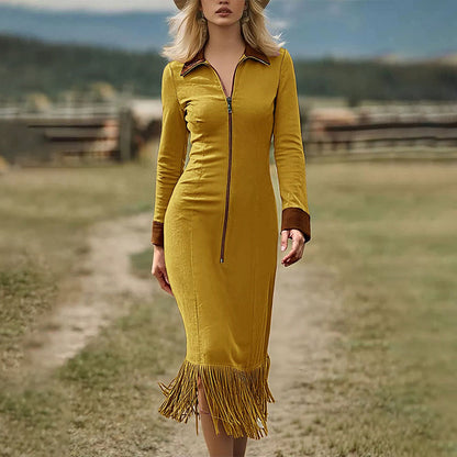👗✨ Obcisła sukienka midi z aksamitu, kołnierzyk z zapięciem na zamek błyskawiczny, dół z frędzlami, kontrastujące mankiety — żółta, granatowa, różowa — rozmiary S–3XL 👗