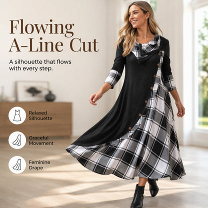 👗✨ Sukienka maxi o kroju litery A z kołnierzem typu cowl, patchworkową kratką, guzikami po bokach i kieszeniami — 4 kolory, rozmiary M–3XL 👗