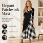 👗✨ Sukienka maxi o kroju litery A z kołnierzem typu cowl, patchworkową kratką, guzikami po bokach i kieszeniami — 4 kolory, rozmiary M–3XL 👗