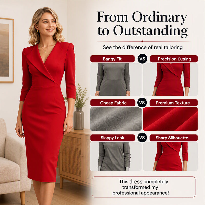 ✨ Tailored Double-Breasted V-Neck Blazer Dress – 3/4 Sleeve Power Dress | S to 2XL