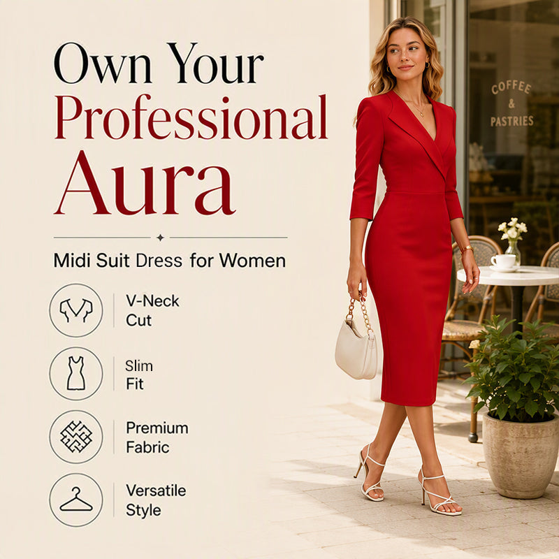 ✨ Tailored Double-Breasted V-Neck Blazer Dress – 3/4 Sleeve Power Dress | S to 2XL