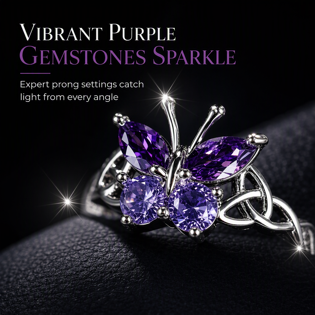 🦋 50% OFF! ✨ Korean Style Sweet & Cool Butterfly Ring for Women – Vibrant Purple Gemstones, Intricate Celtic Weave & Platinum Color – Elegant Daily Luxury 💜