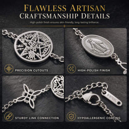 Adjustable Stainless Steel Chain Charm Bracelet featuring Cross Pentagram and Witch Knot Pendants