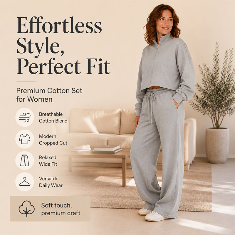 Women's Crop Zipper Top & Wide-Leg Pants Set