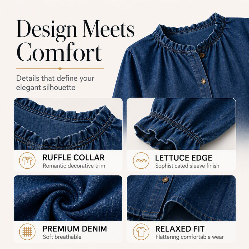 Women's Elegant Ruffle Mock Neck Denim Shirt