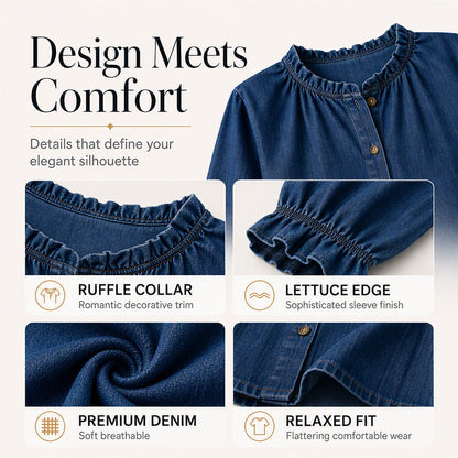 Women's Elegant Ruffle Mock Neck Denim Shirt