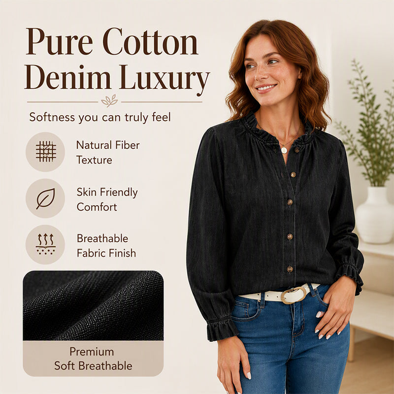 Women's Elegant Ruffle Mock Neck Denim Shirt
