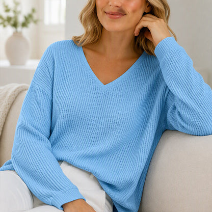 Women's Waffle Knit V-Neck Long Sleeve Top