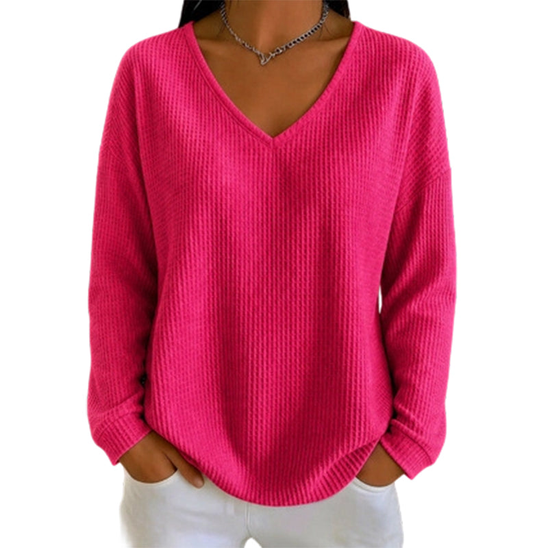 Women's Waffle Knit V-Neck Long Sleeve Top