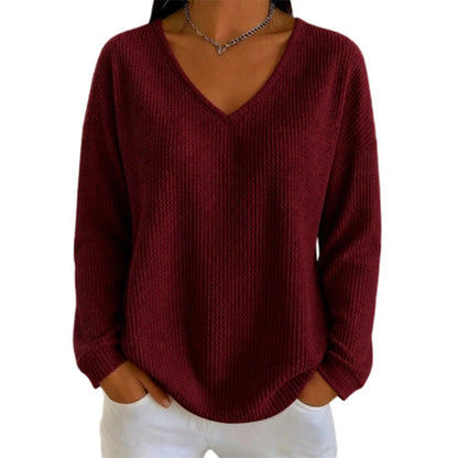 Women's Waffle Knit V-Neck Long Sleeve Top