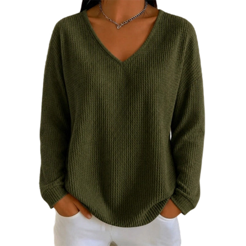 Women's Waffle Knit V-Neck Long Sleeve Top