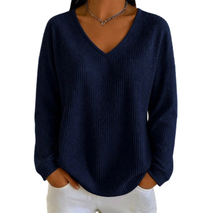 Women's Waffle Knit V-Neck Long Sleeve Top