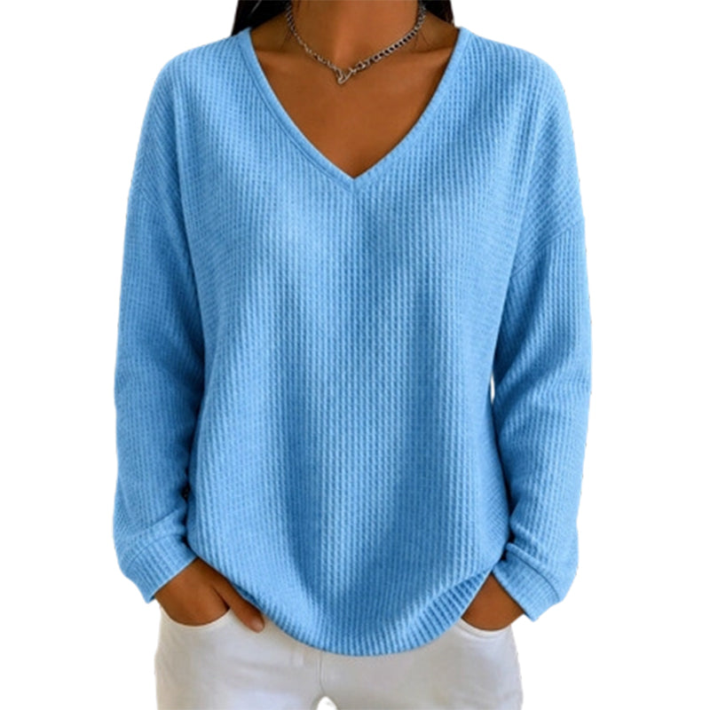 Women's Waffle Knit V-Neck Long Sleeve Top
