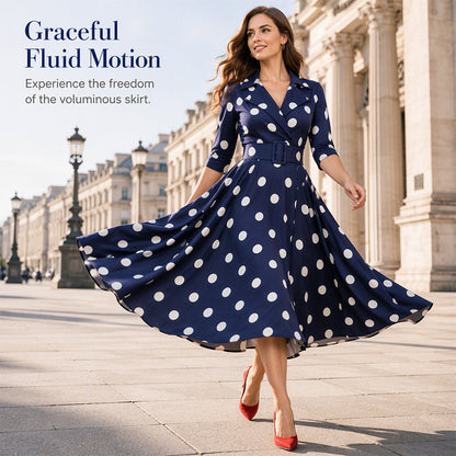 Women's Retro Polka Dot Midi Dress with Wide Belt
