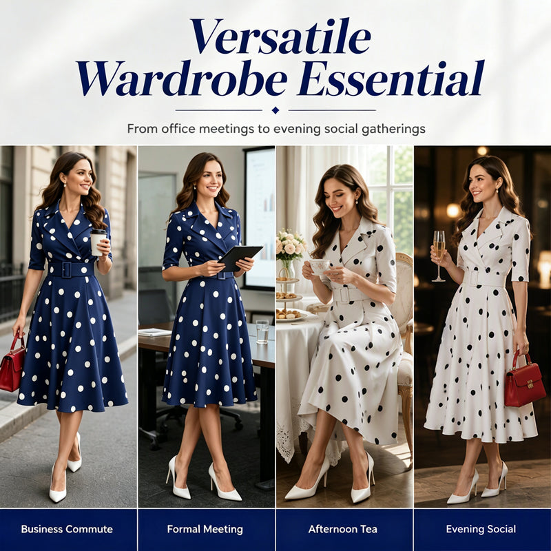 Women's Retro Polka Dot Midi Dress with Wide Belt
