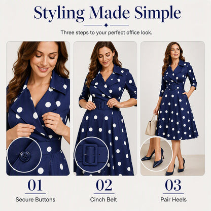 Women's Retro Polka Dot Midi Dress with Wide Belt