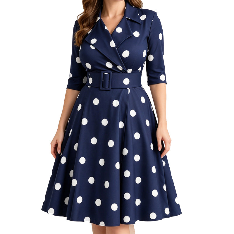 Women's Retro Polka Dot Midi Dress with Wide Belt