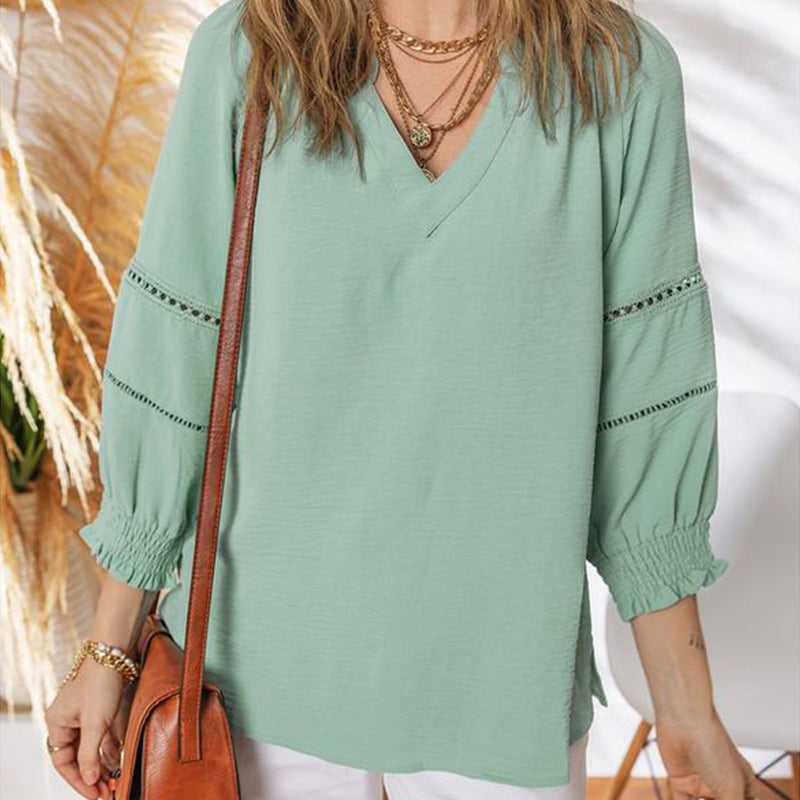 Women's Casual V-Neck Lantern Sleeve Top