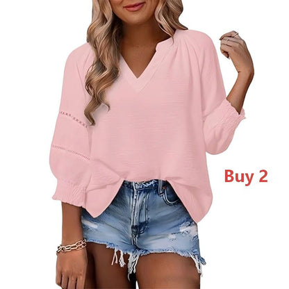 Women's Casual V-Neck Lantern Sleeve Top