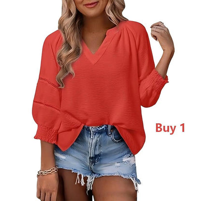 Women's Casual V-Neck Lantern Sleeve Top