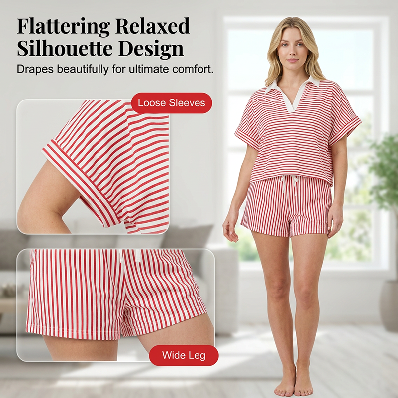 Women's Striped Casual Short Sleeve Shirt and Shorts Set