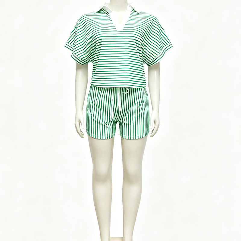 Women's Striped Casual Short Sleeve Shirt and Shorts Set