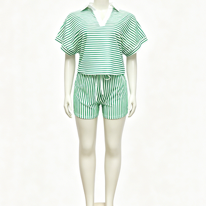 Women's Striped Casual Short Sleeve Shirt and Shorts Set