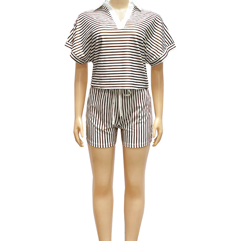 Women's Striped Casual Short Sleeve Shirt and Shorts Set