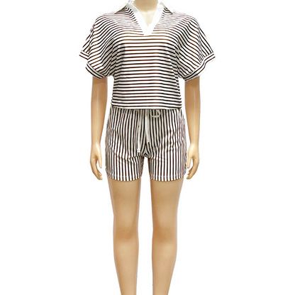 Women's Striped Casual Short Sleeve Shirt and Shorts Set