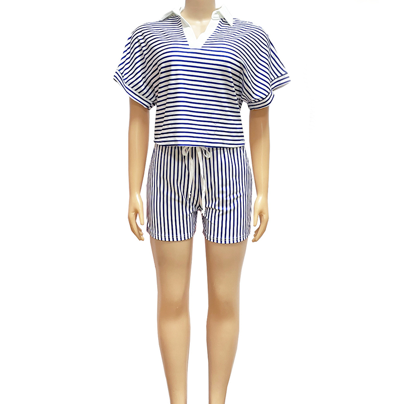 Women's Striped Casual Short Sleeve Shirt and Shorts Set