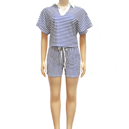 Women's Striped Casual Short Sleeve Shirt and Shorts Set