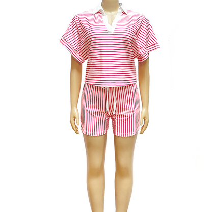 Women's Striped Casual Short Sleeve Shirt and Shorts Set