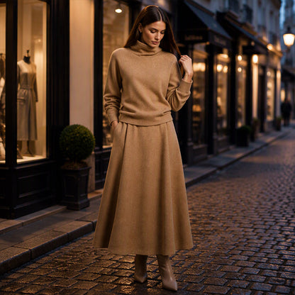 💞 Two Pieces, Effortlessly Elegant | Women's Turtleneck Top & Maxi Skirt Set