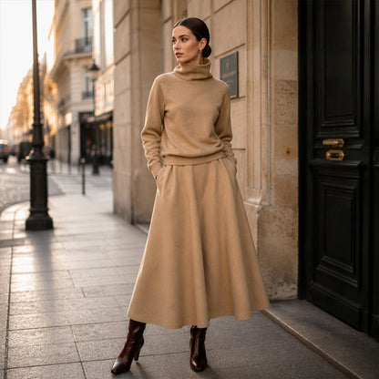 💞 Two Pieces, Effortlessly Elegant | Women's Turtleneck Top & Maxi Skirt Set
