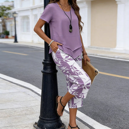 Casual Round Neck Layered Tunic Top and Wide Leg Pants Set
